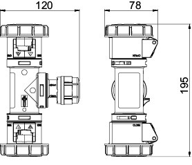 PCE 2-Wegekupplung 16A CEE 3pol. mit Kabeleinlass IP67 Artnr. 94326002