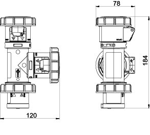 PCE 2-Wegekupplung 16A CEE 3pol. mit CEE-Stecker 3pol. IP67 Artnr. 94326003