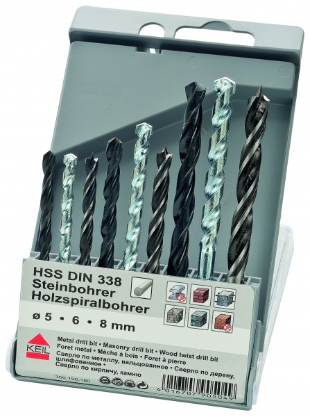KEIL Kombi-Set zylindrischer HSS-Stein-Holzbohrer 9-tlg. Ks-Multipack Artnr. A1.300.190.180