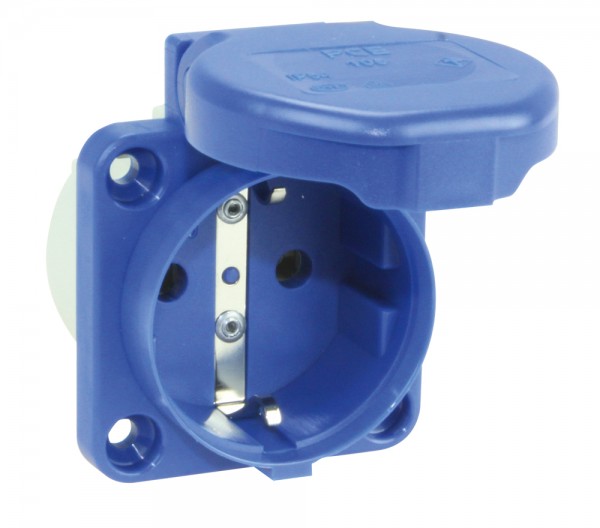 PCE Schuko-Anbausteckdose 16A 2P+E 250V mit Dichtrand 50x50 seitl.Ans. IP54 Artnr. 105-0bsw blau